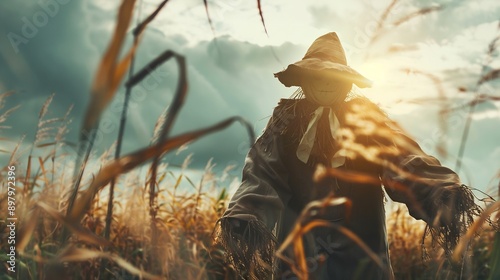 Scary scarecrow monster in corn field on Halloween night.
