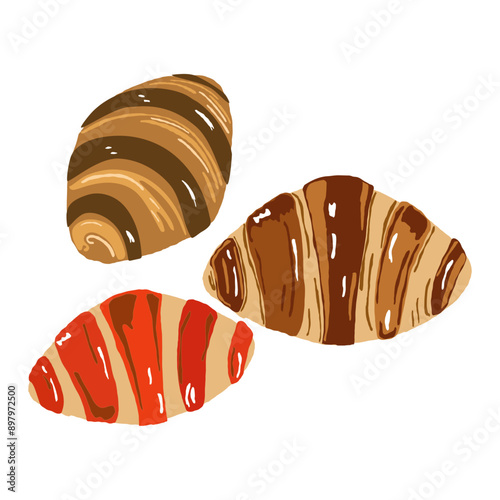 Colorful Croissant Trio Delicious Chocolate Croissant Varieties Crispy Croissants Flaky Pastry