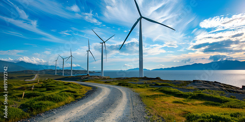 "Wind Turbines Along Coastal Path: Renewable Energy in Nature", "Scenic Wind Farm by the Sea: Harnessing Clean Energy"