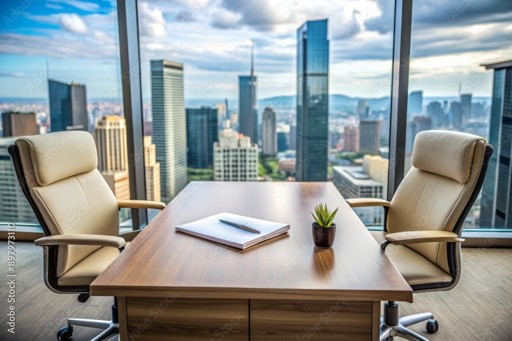 Empty office desk with two chairs, a notepad, and a pen, awaiting a job interview, with a cityscape view through the window behind. Empty office desk with two chairs, a notepad, and a pen, awaiting a job interview, with a cityscape view through the window behind.