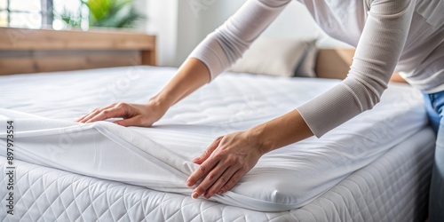 Close up of hands woman putting white fitted sheet over mattress on bed. photo