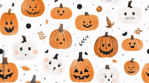 Playful Pumpkin Patch: A whimsical watercolor pattern of orange and white pumpkins with cute faces, perfect for Halloween projects. 