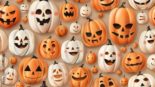 A Mischief of Pumpkins: A playful Seamless pattern of spooky and cute illustrated pumpkins for Halloween backgrounds and festive designs.  © CHOI POO