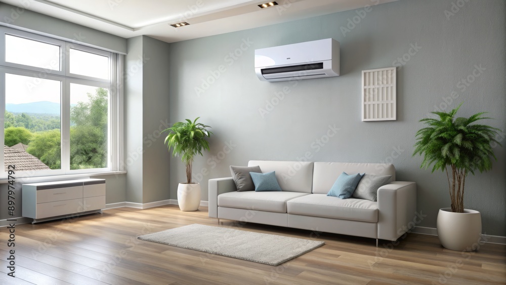 Modern white air conditioning unit mounted on a living room wall, with a sleek design, vents, and a digital display, in a cozy home interior. Modern white air conditioning unit mounted on a living room wall, with a sleek design, vents, and a digital display, in a cozy home interior.