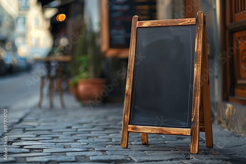 Restaurant menu boards or shop signs on blackboards near the entrance Cafe menu boards on the street Whiteboard sign mockup in front of the restaurant
