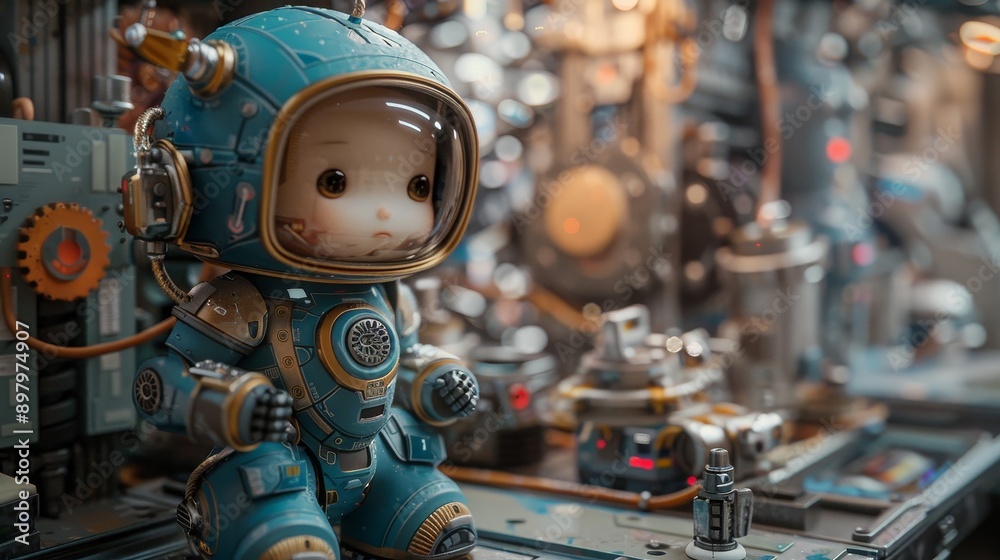 Fototapeta premium Cute newborn babies wearing mini robot clothing, surrounded by gears and mechanical components in a futuristic factory. The theme of 'Future Factory Little Engineer' features imaginative scenes.
