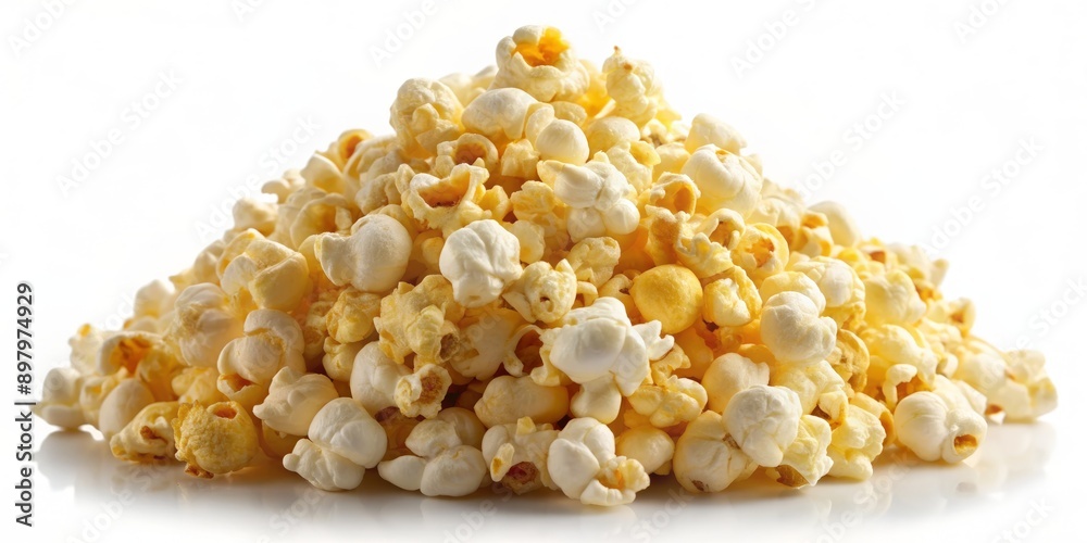 Freshly popped popcorn heap on a crisp white background, showcasing each buttery kernel's delicate texture, ridges, and golden sheen in high-definition detail. Freshly popped popcorn heap on a crisp white background, showcasing each buttery kernel's delicate texture, ridges, and golden sheen in high-definition detail.