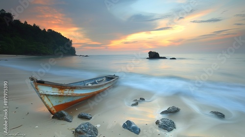 A serene scene unfolds at Jubakar Beach, Kelantan, Malaysia, where a fisherman’s boat rests on the sandy shore as the sun begins to rise.