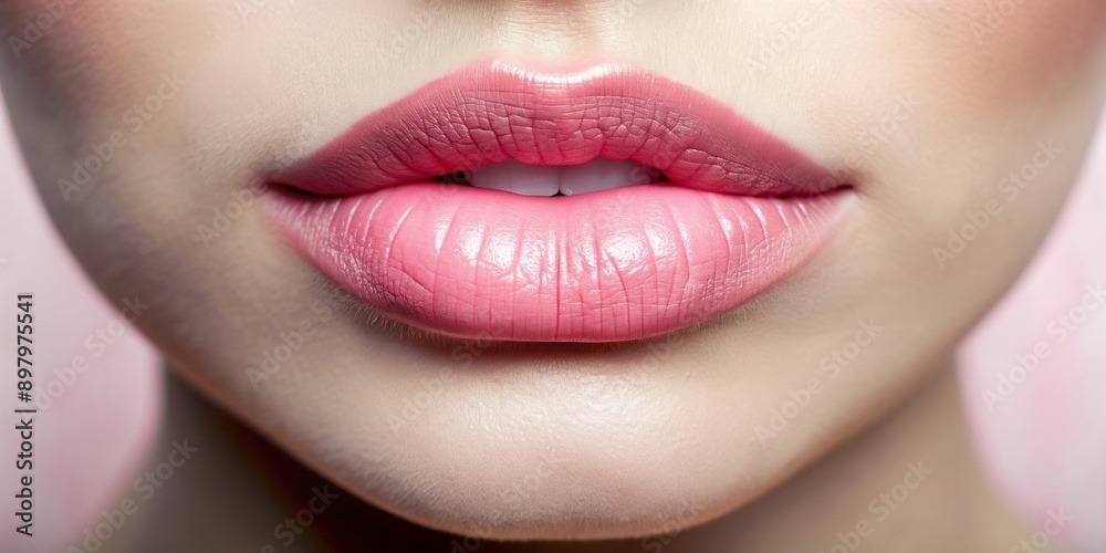 Fototapeta premium Delicate, soft focus close-up of a pair of lips adorned with a subtle, sweet pastel pink lipstick, evoking a sense of femininity and gentle elegance.
