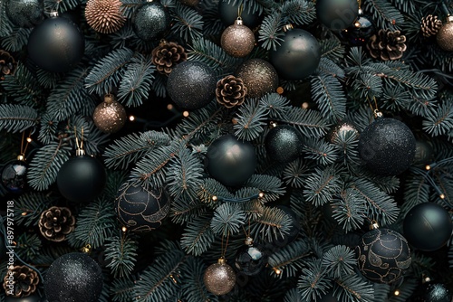 Elegant dark Christmas tree decor with black and gold ornaments photo