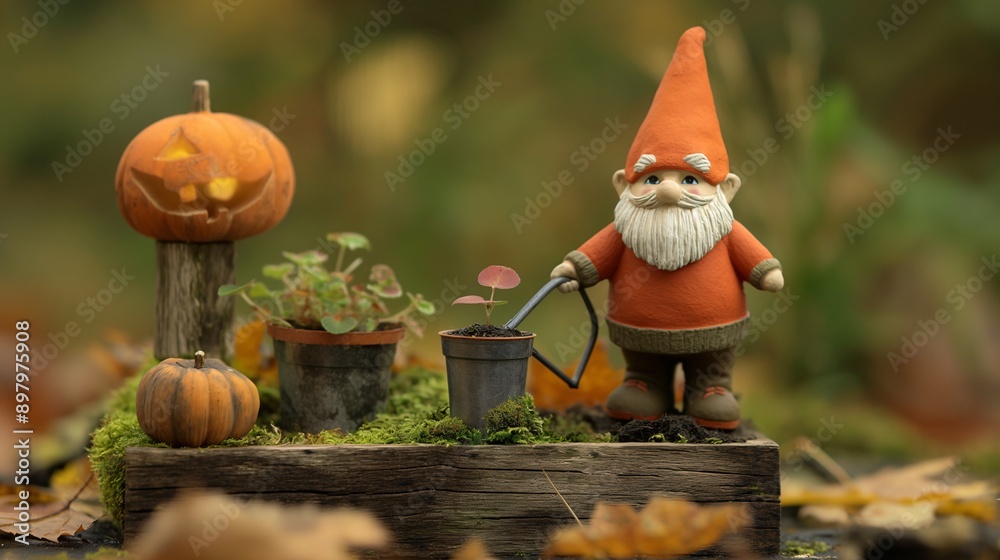Autumn Gnome with Pumpkins: A whimsical gnome figurine stands amidst a charming autumn scene, tending to a small plant while surrounded by pumpkins and fallen leaves. The image evokes a sense of cozy Autumn Gnome with Pumpkins: A whimsical gnome figurine stands amidst a charming autumn scene, tending to a small plant while surrounded by pumpkins and fallen leaves. The image evokes a sense of cozy