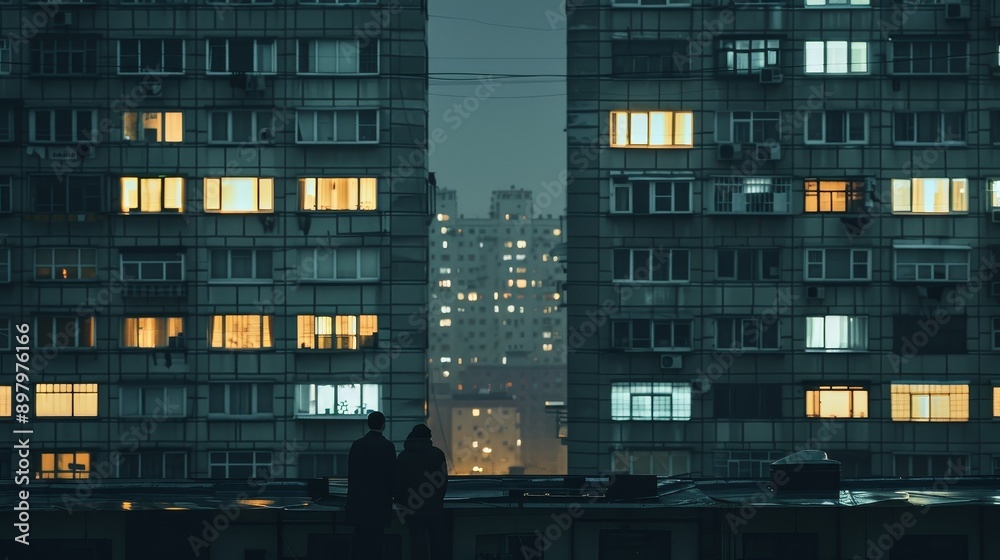 Isolated people gaze through the windows of high-rise buildings, characterized by deep tones and coded patterns. Minimalist design emphasizes the vastness of space and creates visually striking scenes
