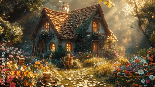Charming cottage in enchanted garden - generative ai photo