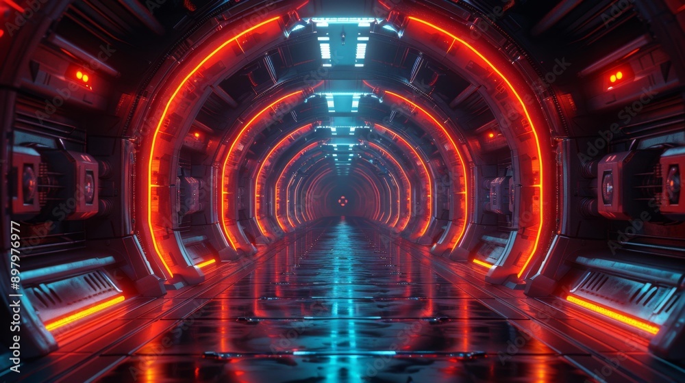 Futuristic neon-lit corridor in a spaceship - generative ai Futuristic neon-lit corridor in a spaceship - generative ai