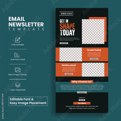 editable email newsletter template for gym fitness club promotional email marketing, gym website ui header interface or gym web layout template design
