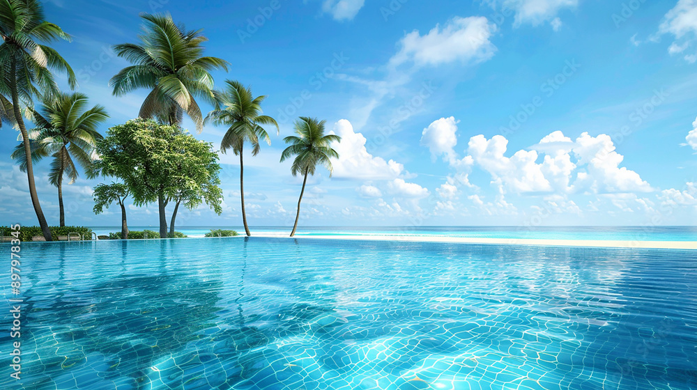 A breathtaking infinity pool overlooks a pristine beach and blue ocean, creating a luxurious and tranquil vacation setting. A breathtaking infinity pool overlooks a pristine beach and blue ocean, creating a luxurious and tranquil vacation setting.