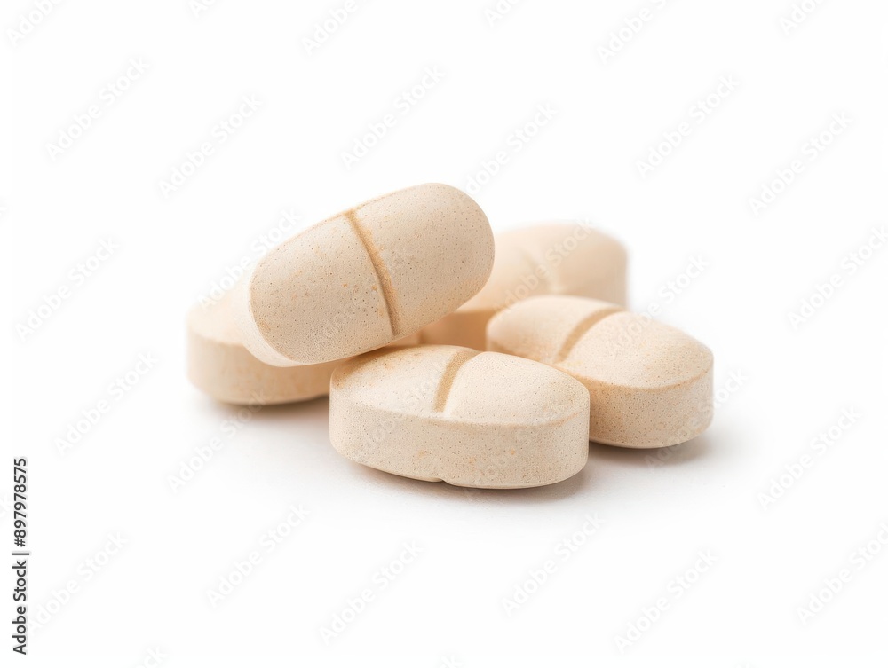 Close-up of several white medication tablets on a plain background, suitable for healthcare and pharmaceutical themes. Close-up of several white medication tablets on a plain background, suitable for healthcare and pharmaceutical themes.