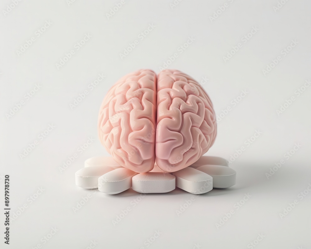 Medical concept image of a human brain model surrounded by white pills on a clean, white background. Medical concept image of a human brain model surrounded by white pills on a clean, white background.