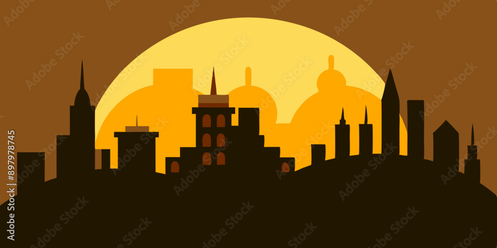 Flat Minimalistic Sunrise City Vector Art: Perfect for Contemporary Projects Flat Minimalistic Sunrise City Vector Art: Perfect for Contemporary Projects