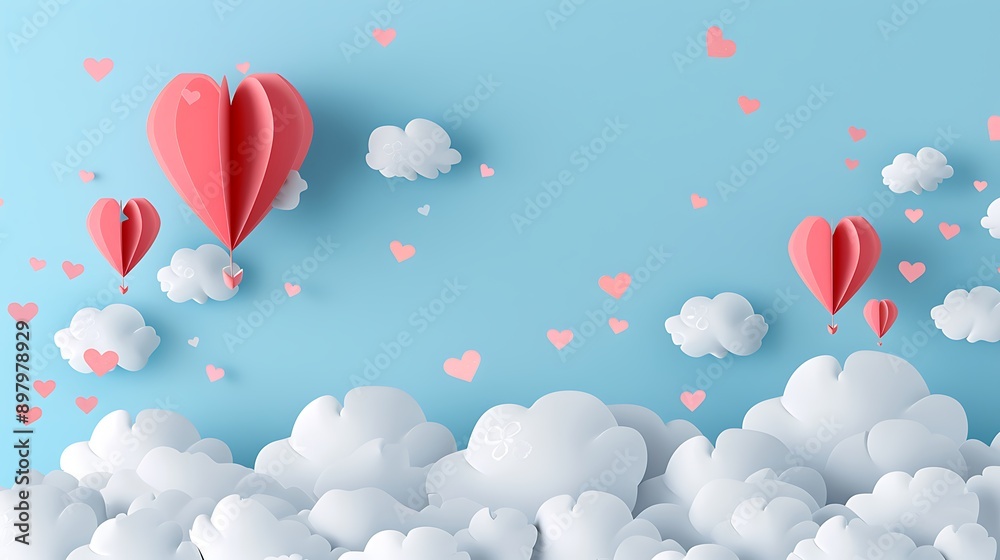 Pink Heart-Shaped Paper Balloons Floating in a Blue Sky with White Clouds Pink Heart-Shaped Paper Balloons Floating in a Blue Sky with White Clouds