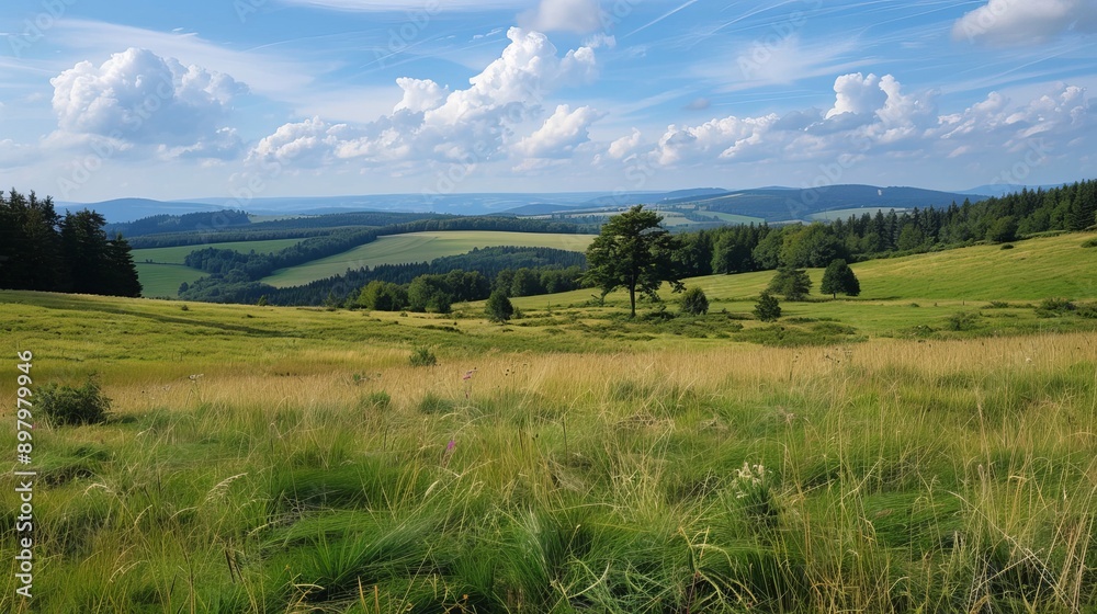 Meadows on the Wasserkuppe peak plateau in the Rhön region of Hesse, Germany.