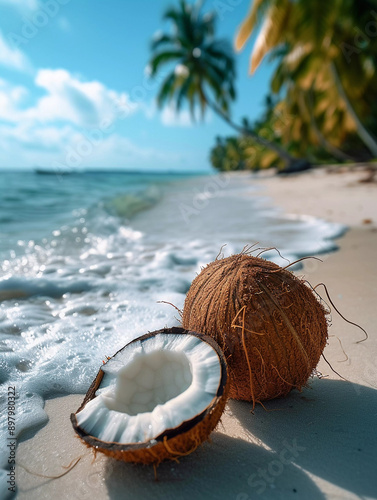Coconuts on Tropical Sandy Beach, with Waves and Surf Surrounding 