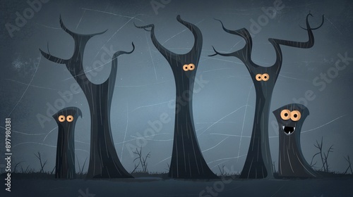 Spooky Tree Monsters:  A whimsical illustration of spooky Halloween trees with glowing eyes and mischievous grins.  Perfect for Halloween cards, decorations, and social media. photo