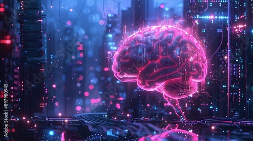 Futuristic Cityscape with Glowing Brain and Neon Lights - Digital Art Abstract Background.
