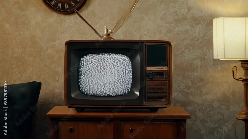 Vintage television with static screen in retro living room setting