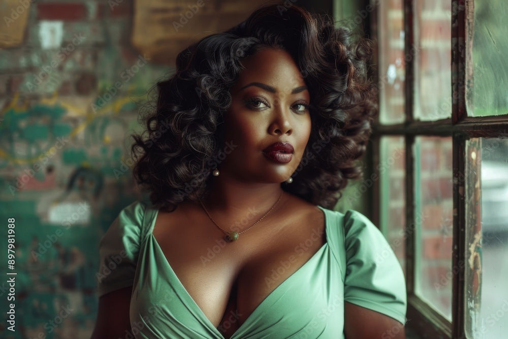 Naklejka premium Curvy woman in soft green dress stands by window in elegant light