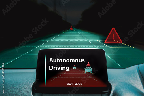 Autonomous driving technology at night mode in future driverless electric cars , Car autonomous technology concept