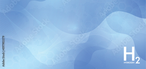 Abstract blue background hydrogen and H2 for sustainable environment. floating round elements and molecules with text H2 and Hydrogen energy. vector design.