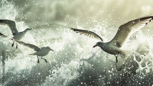 A scene capturing the wild life of sea gull birds in their natural habitat, showcasing their graceful flight and coastal presence.