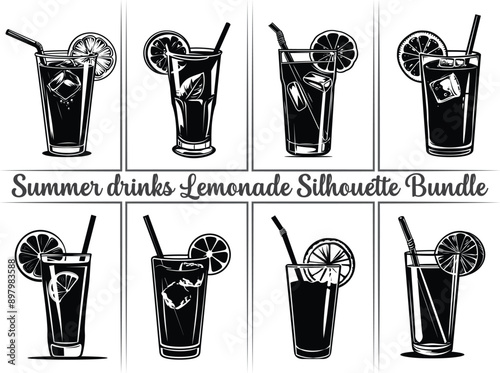 Lemonade silhouette bundle. Lemon juice clipart illustration featuring silhouettes of citrus fruits, including orange, lime, and lemon, as well as summer drinks like lemonade. Perfect drinks for refre