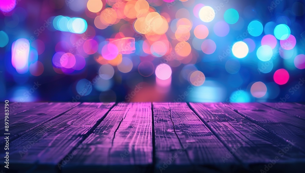 Beautiful Blurred Background of an Empty Wooden Table in the Foreground with Neon Lights and Bokeh Effect on a Blur Night Street. Perfect for Creating a Cozy and Inviting Atmosphere.