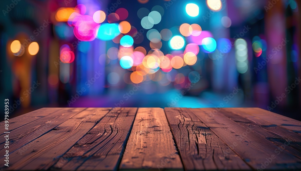 Beautiful Blurred Background of an Empty Wooden Table in the Foreground with Neon Lights and Bokeh Effect on a Blur Night Street. Perfect for Creating a Cozy and Inviting Atmosphere. Beautiful Blurred Background of an Empty Wooden Table in the Foreground with Neon Lights and Bokeh Effect on a Blur Night Street. Perfect for Creating a Cozy and Inviting Atmosphere.