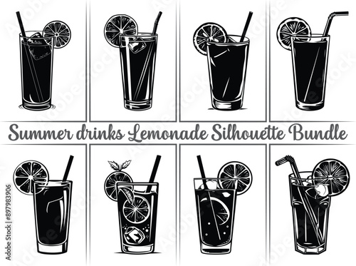 Lemonade silhouette bundle. Lemon juice clipart illustration featuring silhouettes of citrus fruits, including orange, lime, and lemon, as well as summer drinks like lemonade. Perfect drinks for refre