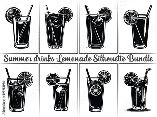 Lemonade silhouette bundle. Lemon juice clipart illustration featuring silhouettes of citrus fruits, including orange, lime, and lemon, as well as summer drinks like lemonade. Perfect drinks for refre