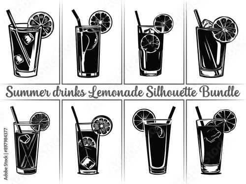 Lemonade silhouette bundle. Lemon juice clipart illustration featuring silhouettes of citrus fruits, including orange, lime, and lemon, as well as summer drinks like lemonade. Perfect drinks for refre