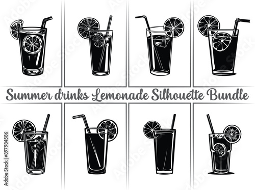 Lemonade silhouette bundle. Lemon juice clipart illustration featuring silhouettes of citrus fruits, including orange, lime, and lemon, as well as summer drinks like lemonade. Perfect drinks for refre