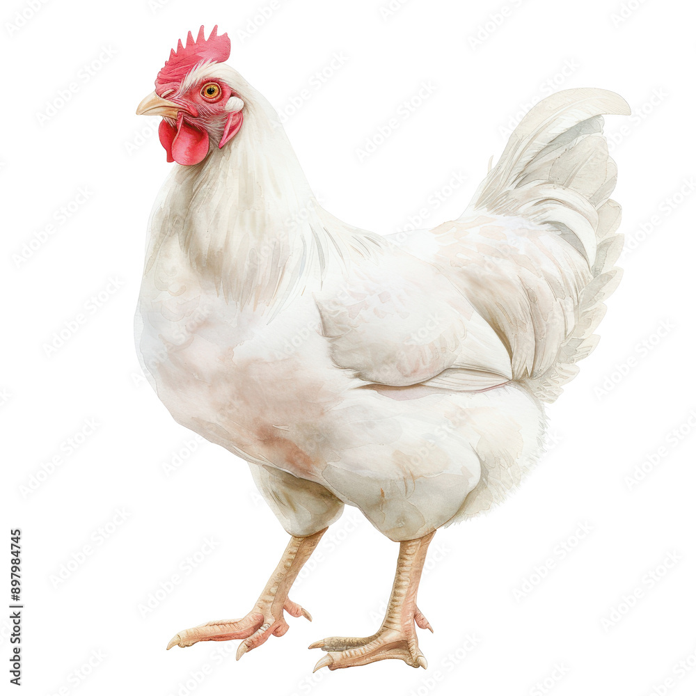 Fototapeta premium A white chicken stands on its hind legs