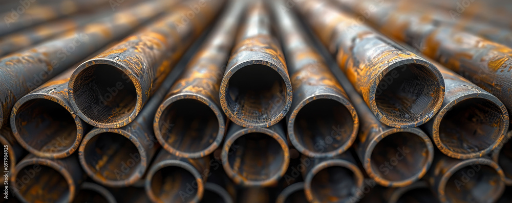 Rusty metal pipes arranged closely, showcasing their texture and design, perfect for industrial and construction themes. Rusty metal pipes arranged closely, showcasing their texture and design, perfect for industrial and construction themes.