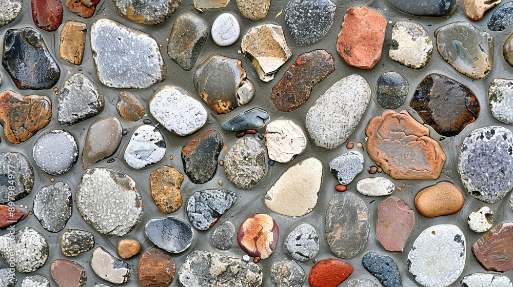 The image showcases a close-up view of a weathered pebble-stone pathway, featuring small, rounded pebbles in shades of gray, white, red, and brown, all embedded in a concrete-like material. The image showcases a close-up view of a weathered pebble-stone pathway, featuring small, rounded pebbles in shades of gray, white, red, and brown, all embedded in a concrete-like material.
