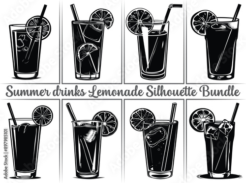 Lemonade silhouette bundle. Lemon juice clipart illustration featuring silhouettes of citrus fruits, including orange, lime, and lemon, as well as summer drinks like lemonade. Perfect drinks for refre