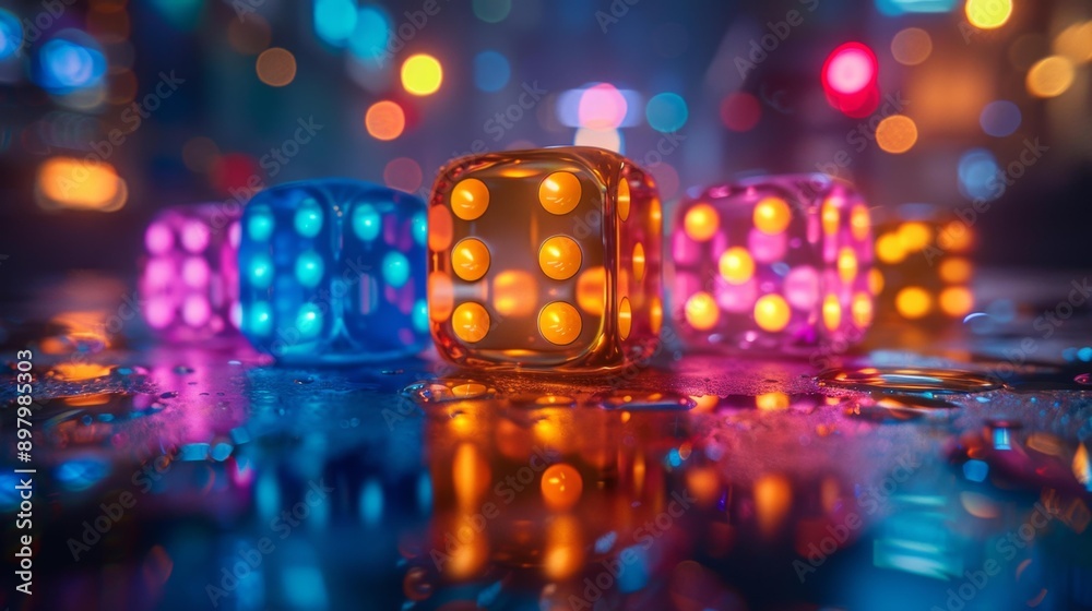Colorful illuminated dice on wet surface - generative ai Colorful illuminated dice on wet surface - generative ai