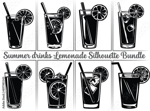 Lemonade silhouette bundle. Lemon juice clipart illustration featuring silhouettes of citrus fruits, including orange, lime, and lemon, as well as summer drinks like lemonade. Perfect drinks for refre