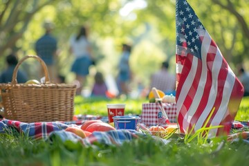 Picnic setting with US flag, basket and fruits on grass