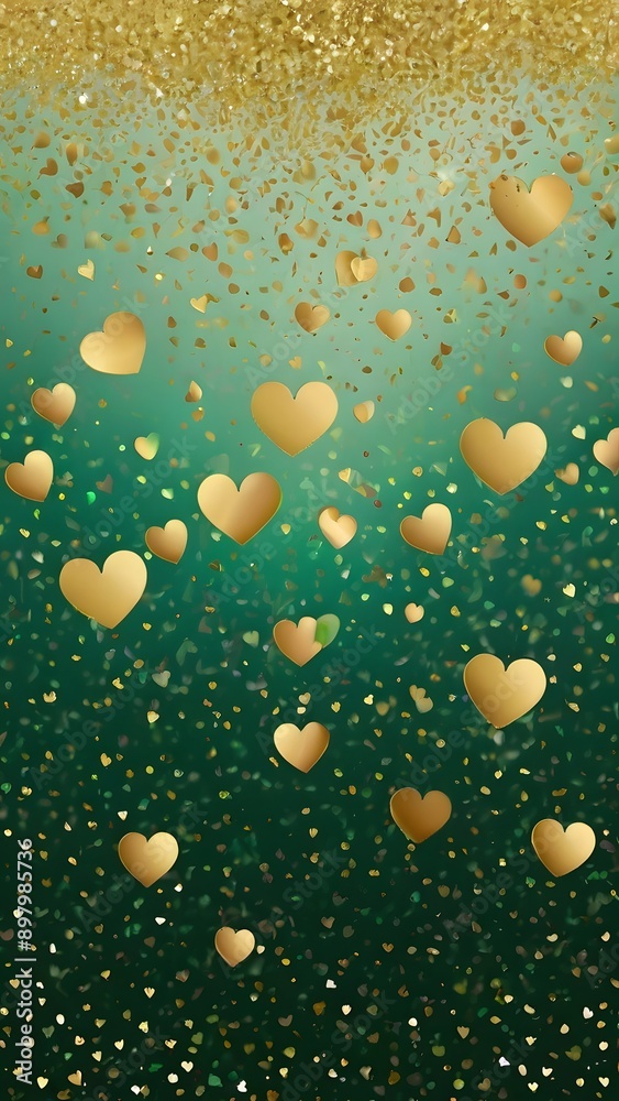 Gradient background of green with tiny glitter of gold and hearts Gradient background of green with tiny glitter of gold and hearts