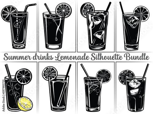 Lemonade silhouette bundle. Lemon juice clipart illustration featuring silhouettes of citrus fruits, including orange, lime, and lemon, as well as summer drinks like lemonade. Perfect drinks for refre