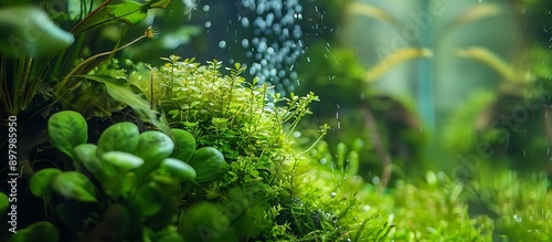 Close-up of Green Aquatic Plants with Water Droplets Falling